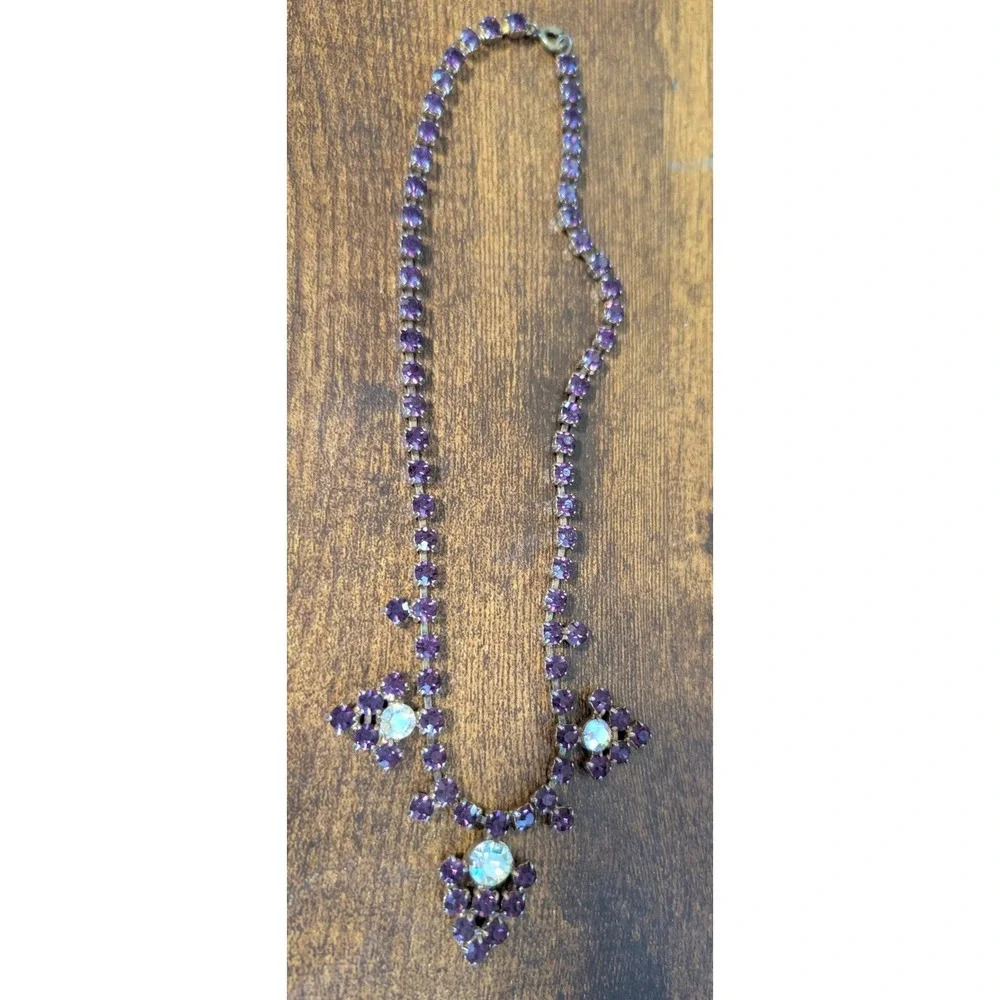 Vintage Purple Rhinestone Bib Necklace Mid-Century Statement 15